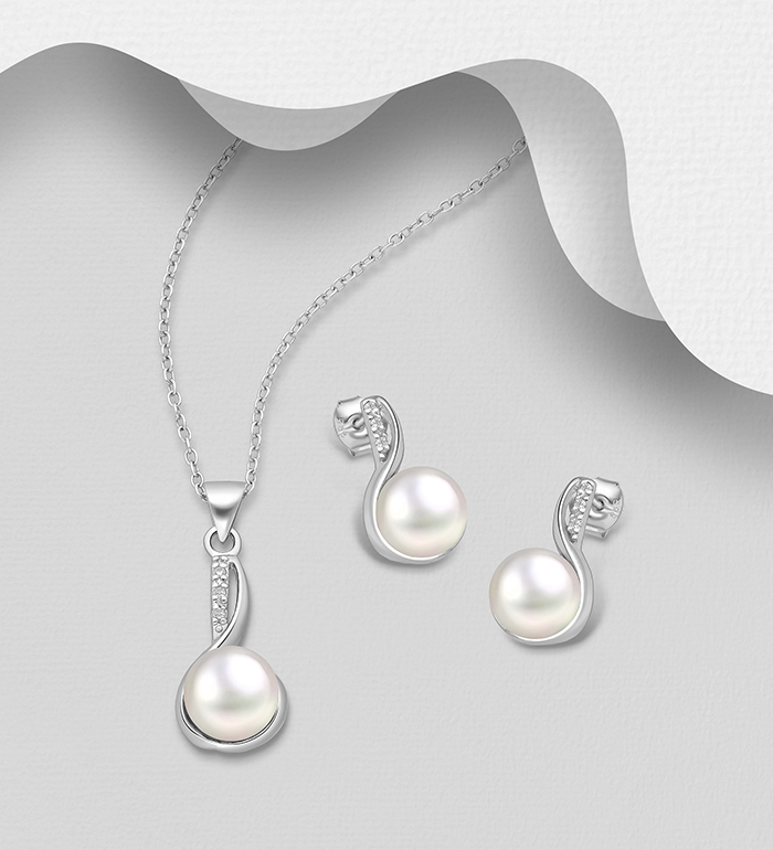 Wholesale 925 Sterling Silver Push-Back Earrings and Pendant Jewelry Set, Decorated with Freshwater Pearls and CZ Simulated Diamonds - SKU #382-6362