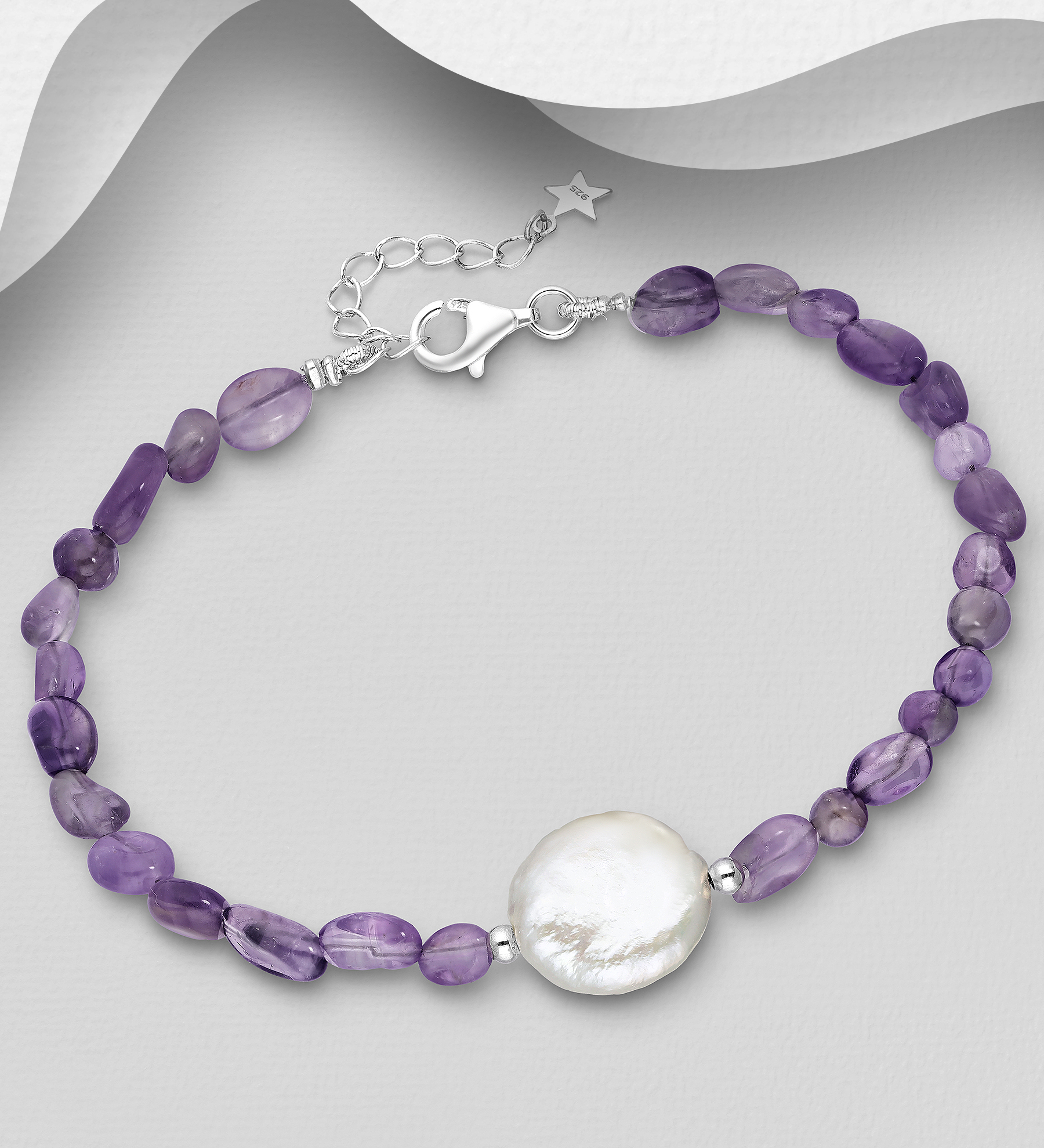 Wholesale 925 Sterling Silver Bracelet, Beaded with Various Gemstone Beads and Freshwater Pearl - SKU #781-7636