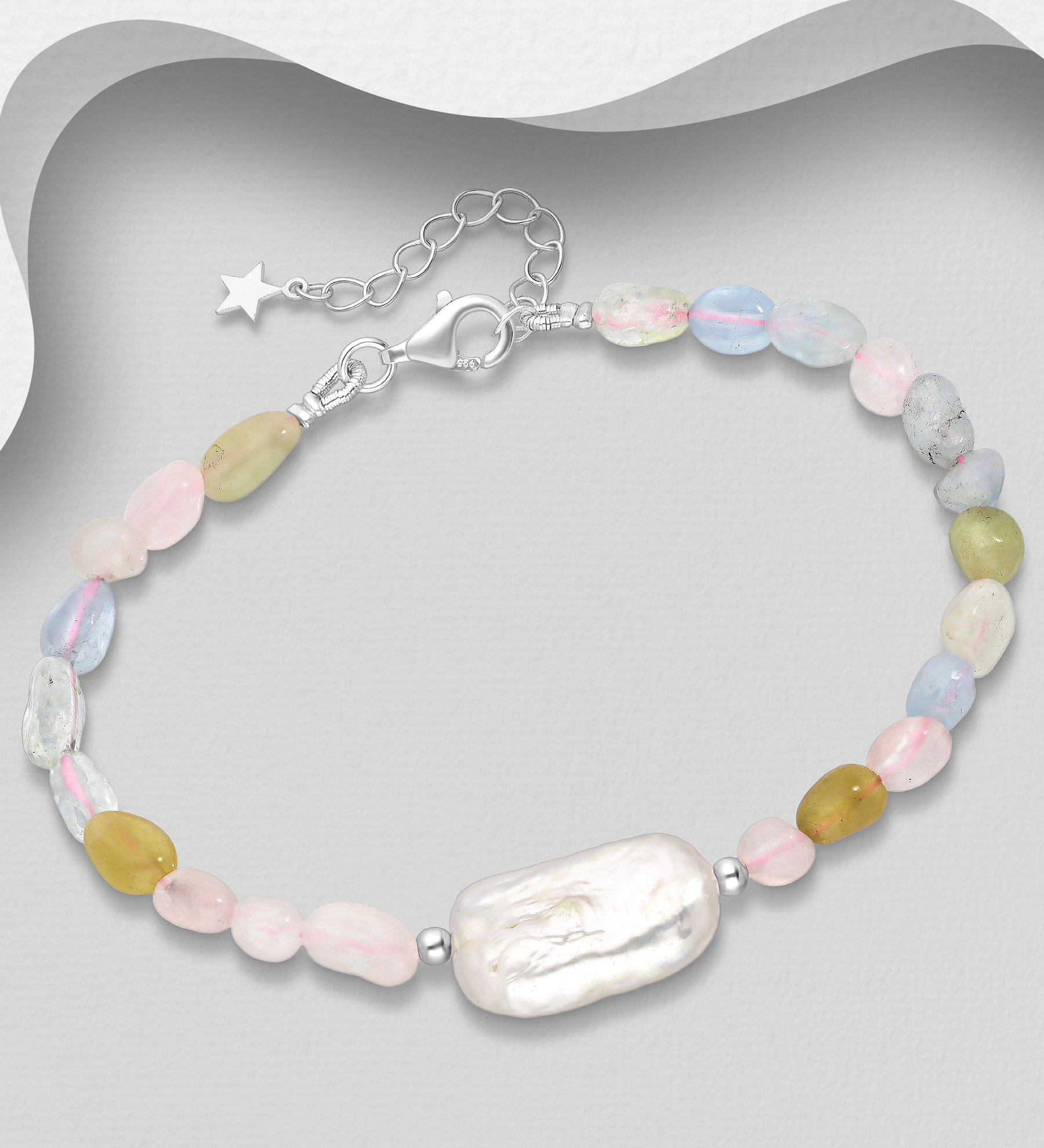 Wholesale 925 Sterling Silver Bracelet, Beaded with Various Gemstone Beads and Freshwater Pearl - SKU #781-7637