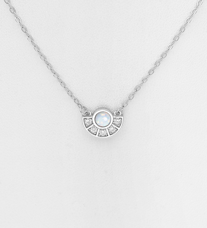 Wholesale 925 Sterling Silver Necklace, Decorated with Lap Created Opal and CZ Simulated Diamonds - SKU #1479-1518