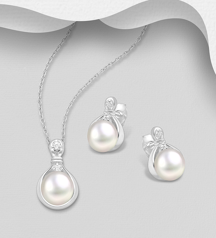 Wholesale 925 Sterling Silver Push-Back Earrings and Pendant Jewelry Set, Decorated with CZ Simulated Diamond and Freshwater Pearls - SKU #382-6369