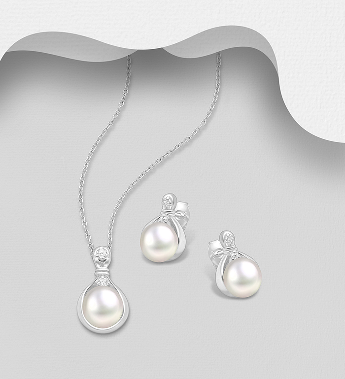 Wholesale 925 Sterling Silver Push-Back Earrings and Pendant Jewelry Set, Decorated with CZ Simulated Diamond and Freshwater Pearls - SKU #382-6369