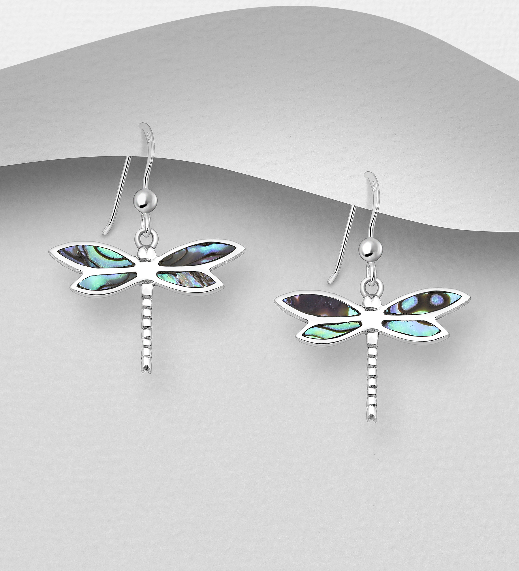 Wholesale 925 Sterling Silver Dragonfly Hook Earrings, Decorated with Shell - SKU #789-4610