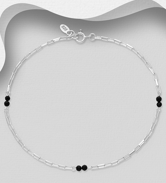 Wholesale 925 Sterling Silver Anklet, Beaded with Onyx - SKU #1562-508