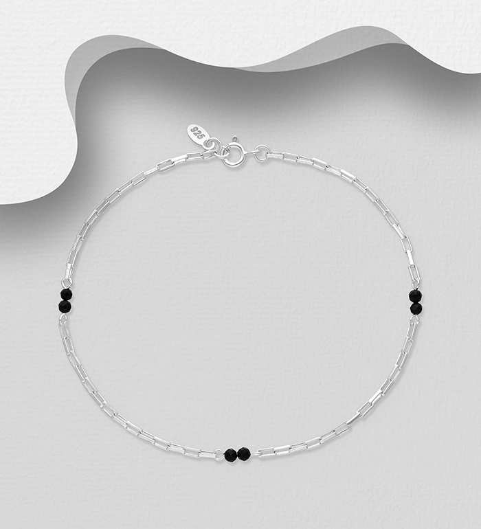 Wholesale 925 Sterling Silver Anklet, Beaded with Onyx - SKU #1562-508