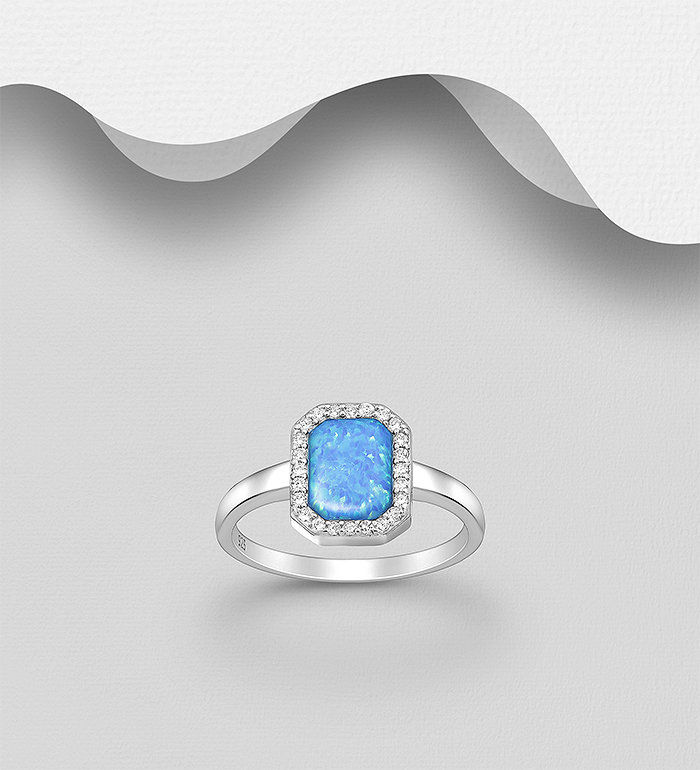Wholesale 925 Sterling Silver Ring, Decorated with Lab-Created Opal and CZ Simulated Diamonds - SKU #1479-1533