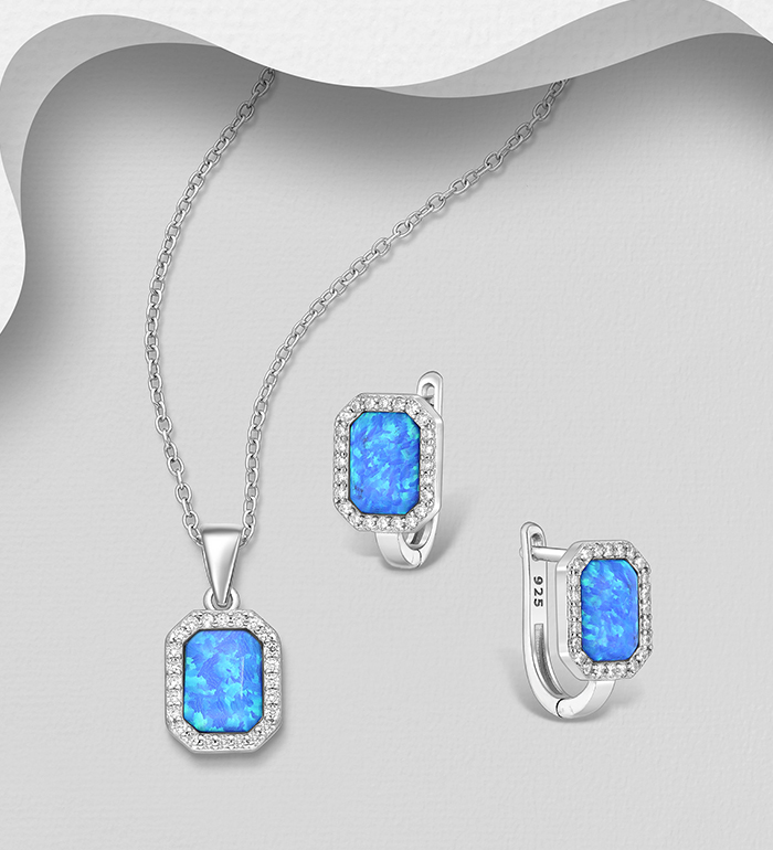 Wholesale 925 Sterling Silver Omega Lock Earrings and Pendant Jewelry Set, Decorated with Lab-Created Opal and CZ Simulated Diamonds - SKU #1479-1534