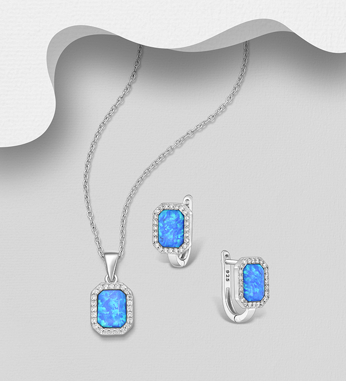 Wholesale 925 Sterling Silver Omega Lock Earrings and Pendant Jewelry Set, Decorated with Lab-Created Opal and CZ Simulated Diamonds - SKU #1479-1534