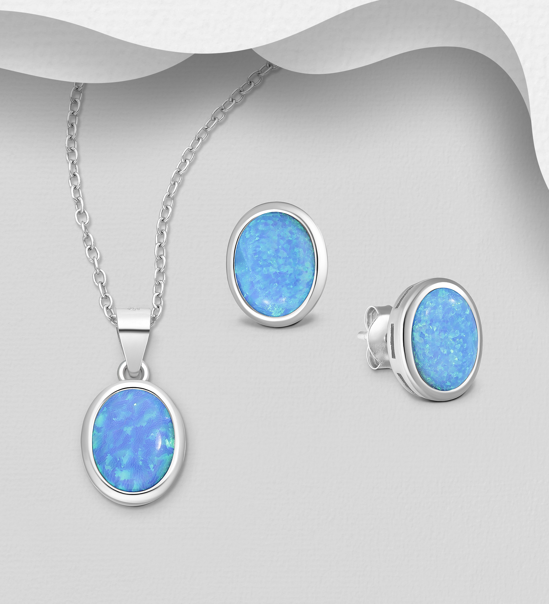 Wholesale 925 Sterling Silver Omega Lock Earrings and Pendant Jewelry Set, Decorated with Lab-Created Opal - SKU #1479-1541