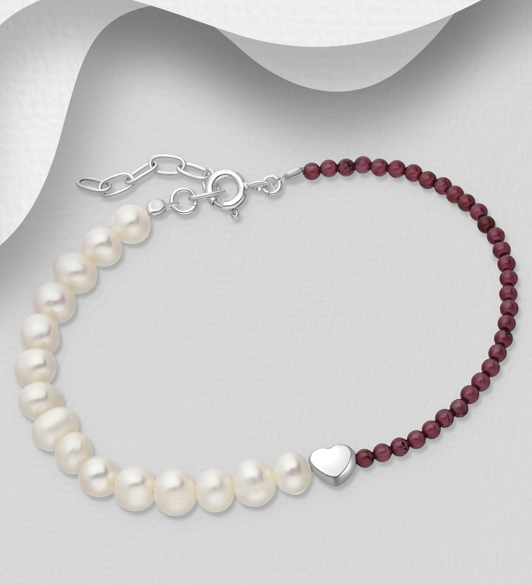 Wholesale 925 Sterling Silver Heart Bracelet, Beaded with Freshwater Pearls and Garnet - SKU #382-6413