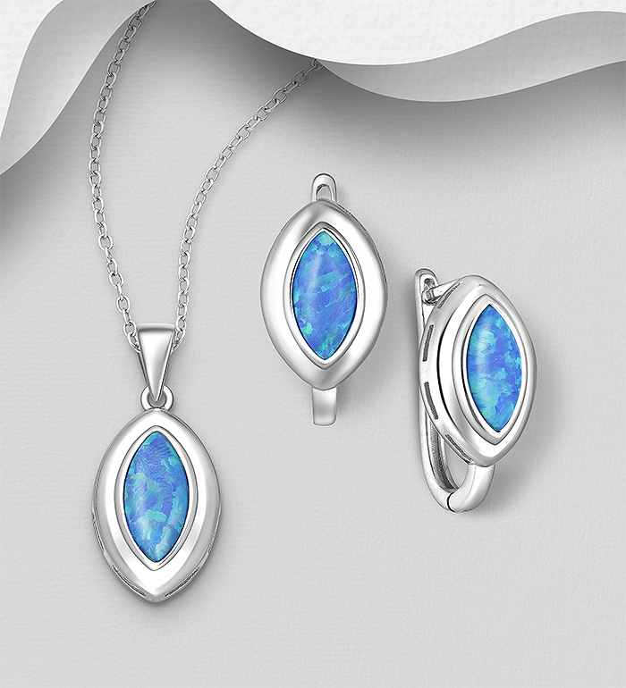 Wholesale 925 Sterling Silver Omega Lock Earrings and Pendant Jewelry Set, Decorated with Lab-Created Opal - SKU #1479-1551