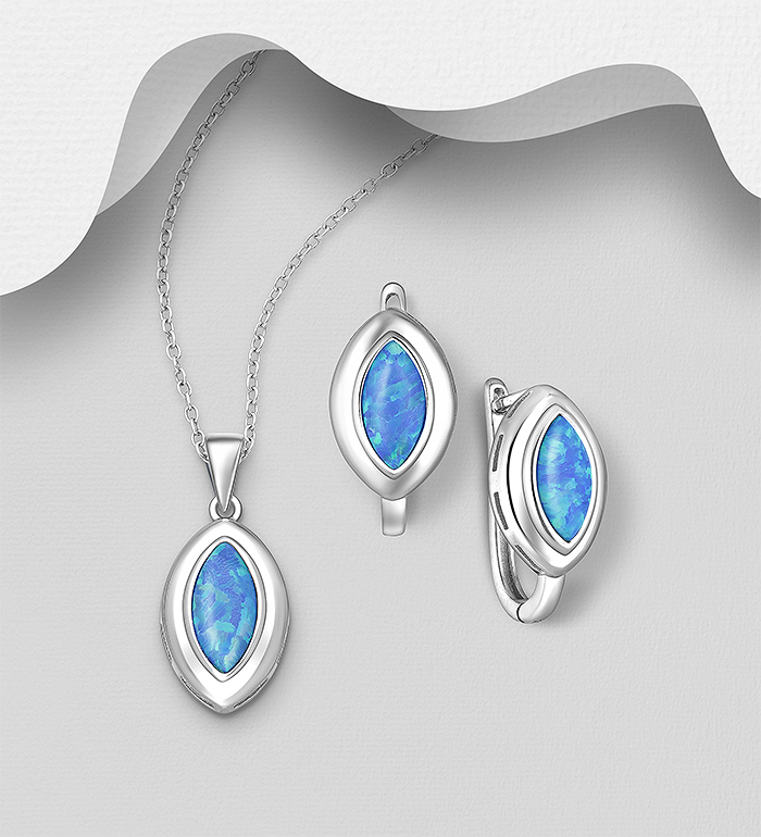 Wholesale 925 Sterling Silver Omega Lock Earrings and Pendant Jewelry Set, Decorated with Lab-Created Opal - SKU #1479-1551