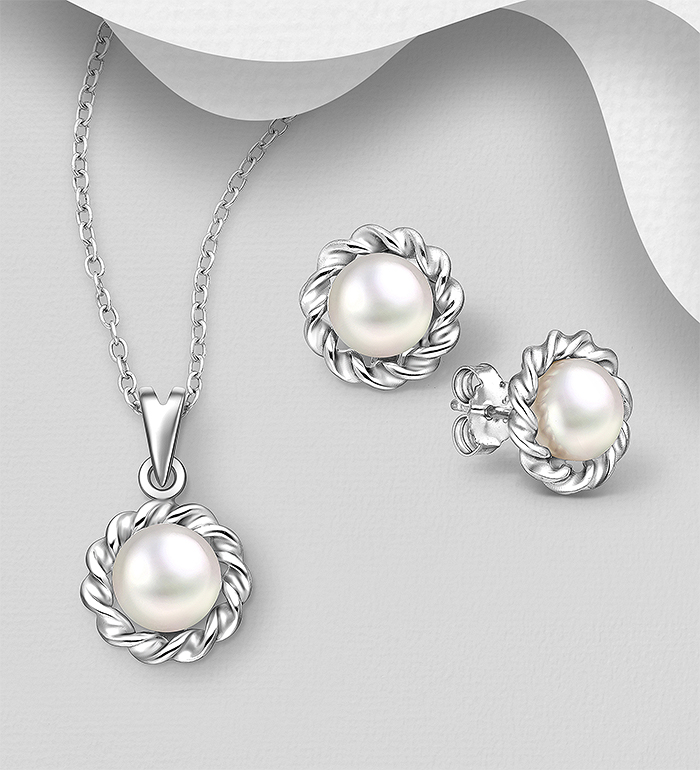 Wholesale 925 Sterling Silver Push-Back Earrings and Pendant, Jewelry Set, Decorated with Freshwater Pearls - SKU #382-6427
