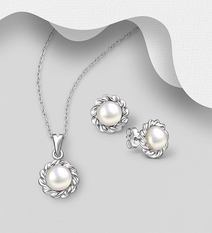 Wholesale 925 Sterling Silver Push-Back Earrings and Pendant, Jewelry Set, Decorated with Freshwater Pearls - SKU #382-6427