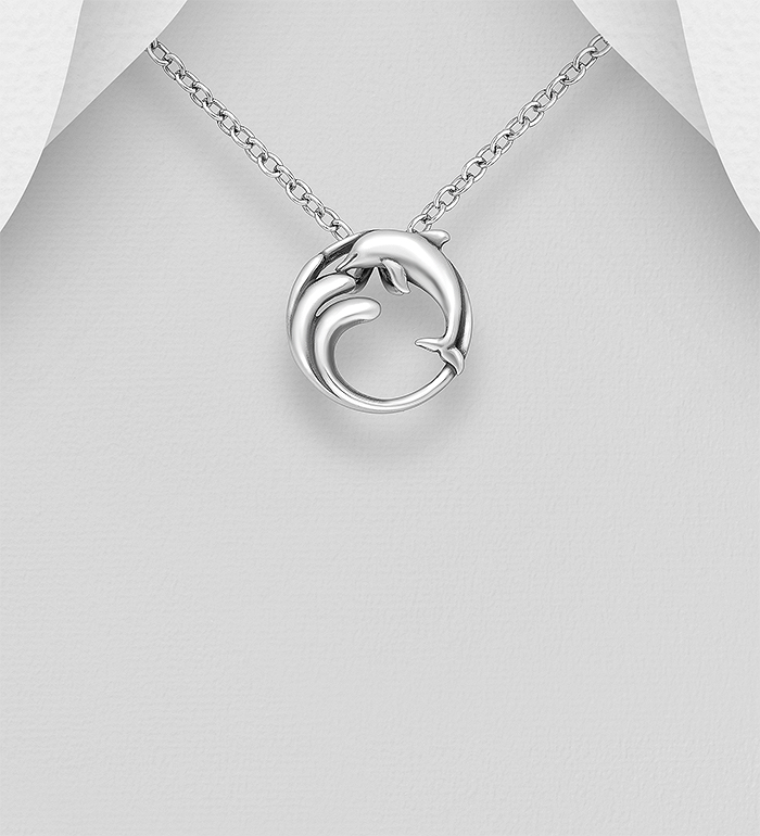 Wholesale 925 Sterling Silver Oxidized Dolphin and Wave Pendant - SKU #1063-4076A