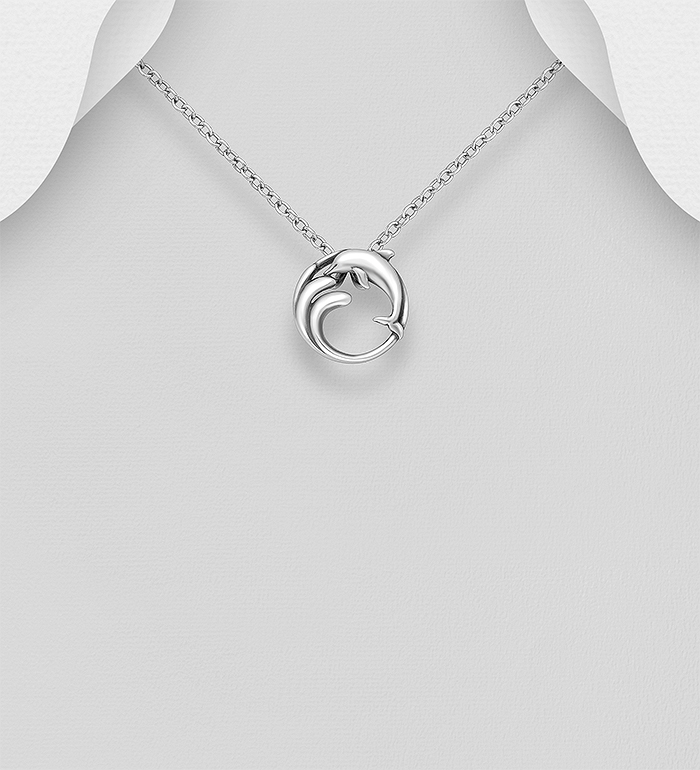 Wholesale 925 Sterling Silver Oxidized Dolphin and Wave Pendant - SKU #1063-4076A