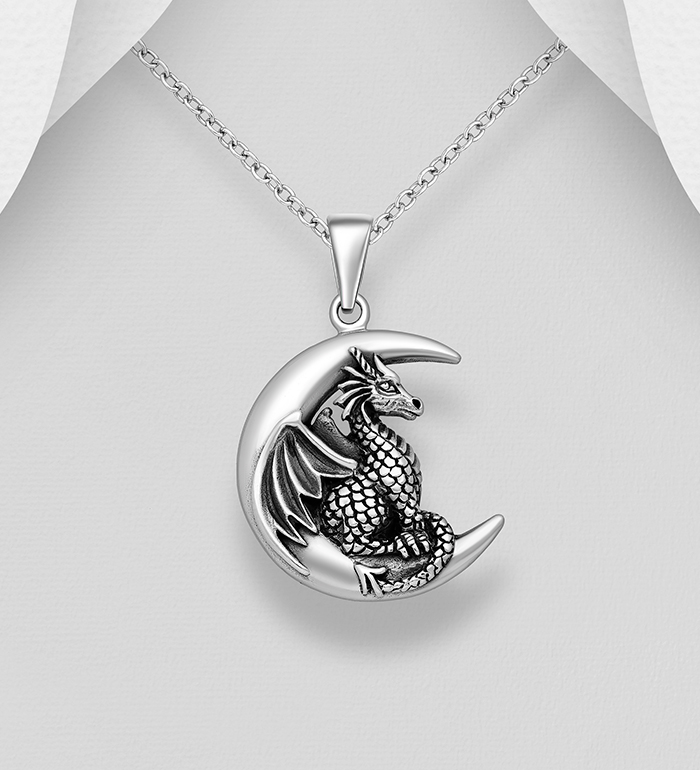 Wholesale 925 Sterling Silver Oxidized Dragon and Moon Pendant - SKU #1563-1398