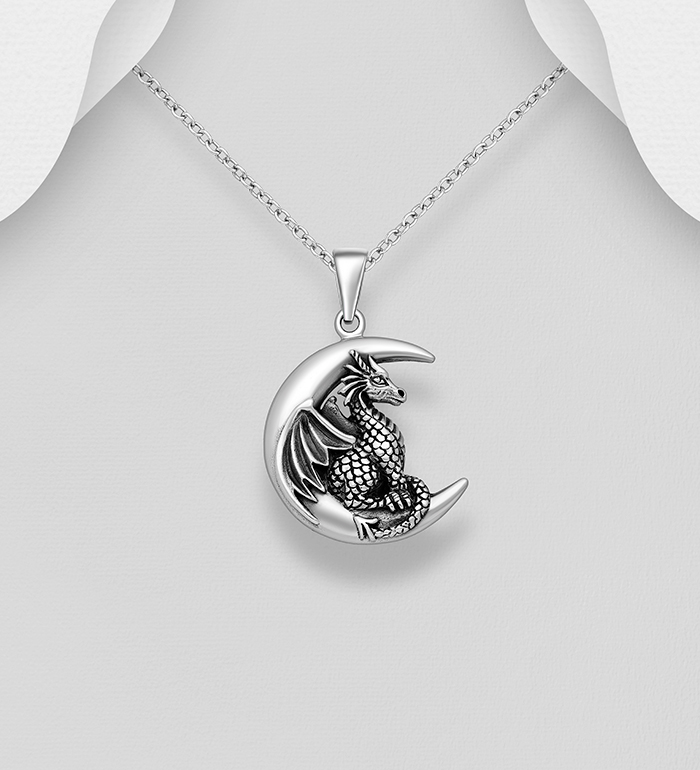 Wholesale 925 Sterling Silver Oxidized Dragon and Moon Pendant - SKU #1563-1398