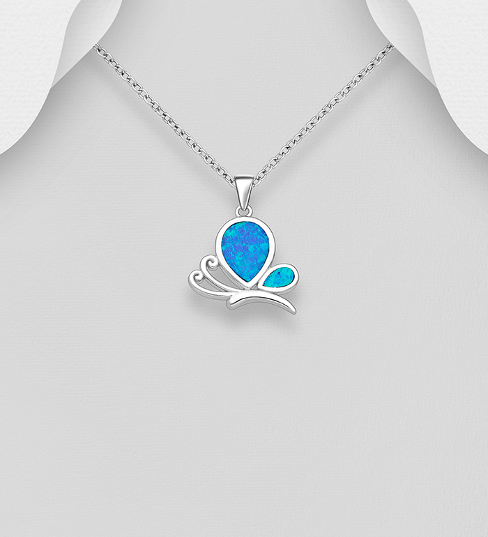 Wholesale 925 Sterling Silver Butterfly Pendant, Decorated with Lab-Created Opal - SKU #1479-1565