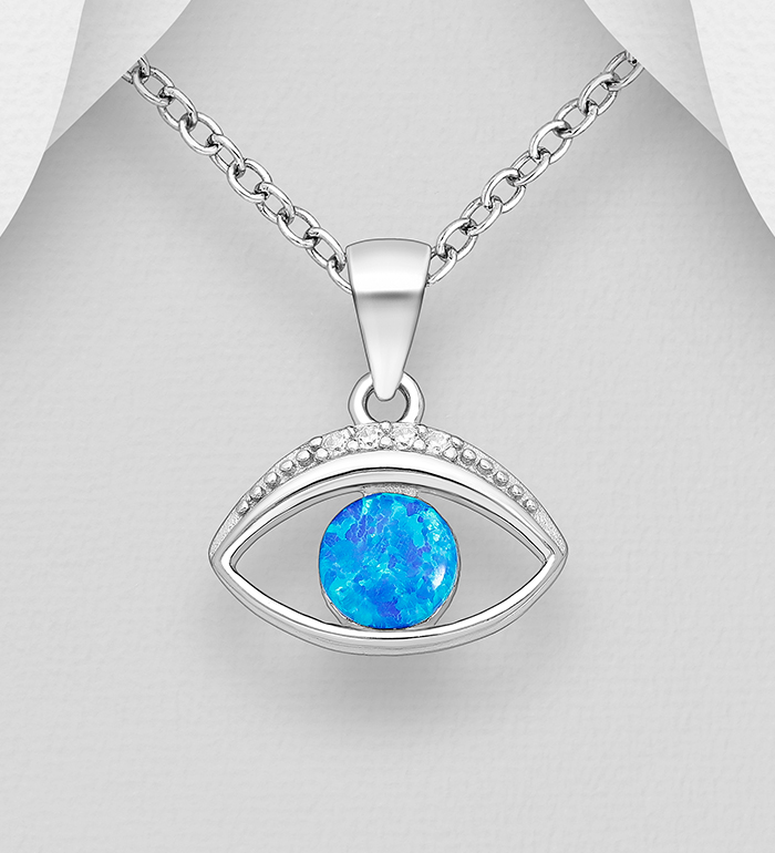 Wholesale 925 Sterling Silver Eye Pendant, Decorated with Lab-Created Opal and CZ Simulated Diamonds - SKU #1479-1567