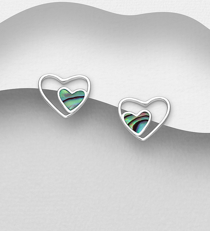 Wholesale 925 Sterling Silver Heart Push-Back Earrings, Decorated with Shell - SKU #789-4638