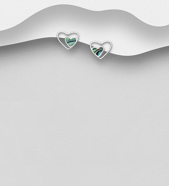 Wholesale 925 Sterling Silver Heart Push-Back Earrings, Decorated with Shell - SKU #789-4638