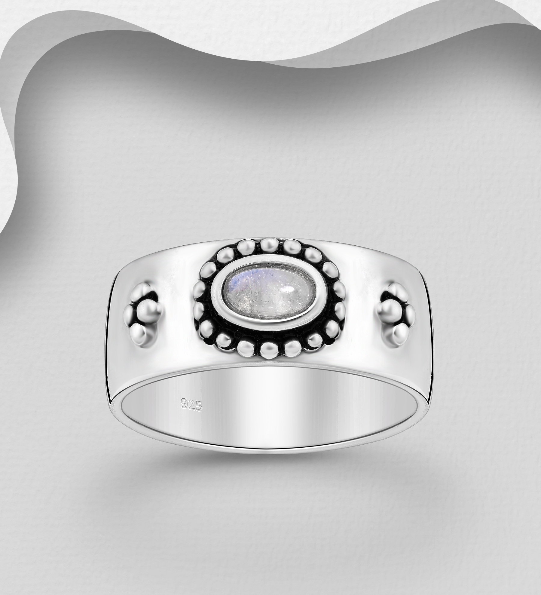 Wholesale 925 Sterling Silver Oxidized Ring, Decorated with Rainbow Moonstone - SKU #781-7685