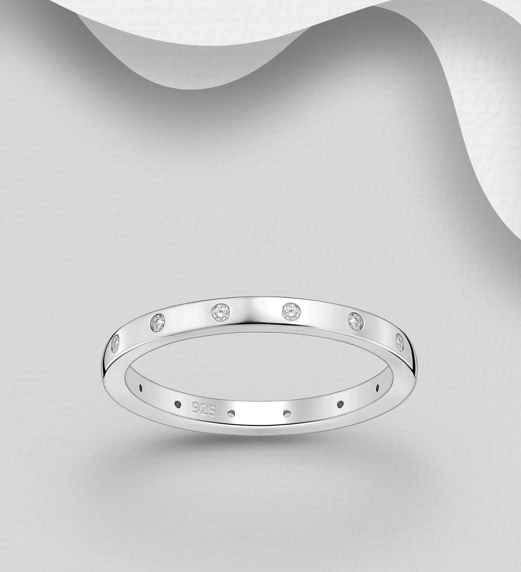 Wholesale 925 Sterling Silver Band Ring, Decorated with CZ Simulated Diamonds - SKU #701-29496