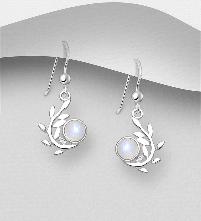 Wholesale 925 Sterling Silver Leaf Hook Earrings, Decorated with Rainbow Moonstone - SKU #781-7710