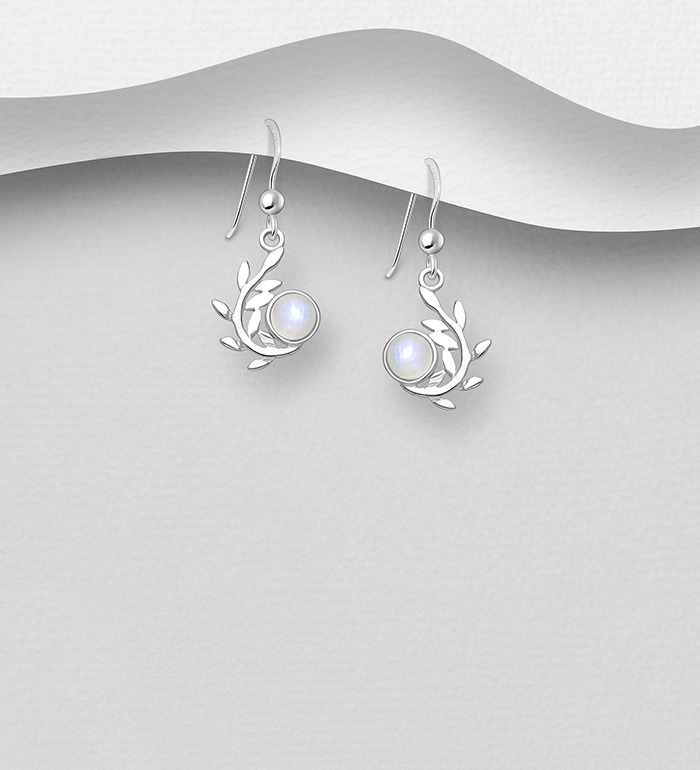 Wholesale 925 Sterling Silver Leaf Hook Earrings, Decorated with Rainbow Moonstone - SKU #781-7710