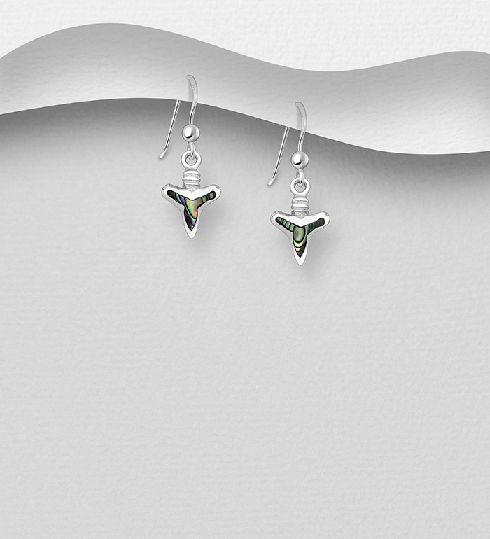 Wholesale 925 Sterling Silver Shark Teeth Hook Earrings, Decorated with Shell - SKU #789-4660