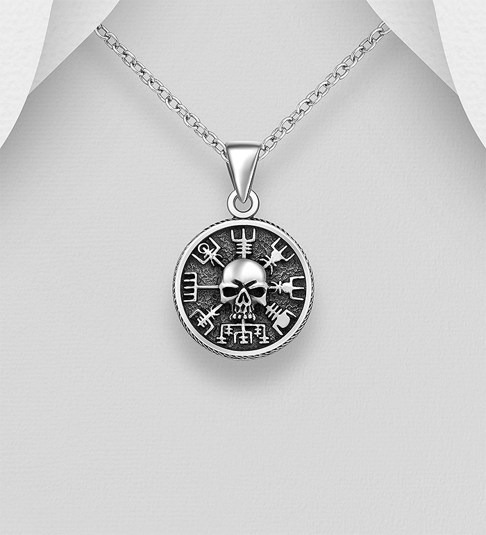 Wholesale 925 Sterling Silver Oxidized Skull and Viking Vegvisir Amulet Pendant - SKU #768-618
