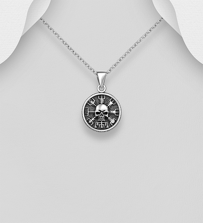Wholesale 925 Sterling Silver Oxidized Skull and Viking Vegvisir Amulet Pendant - SKU #768-618