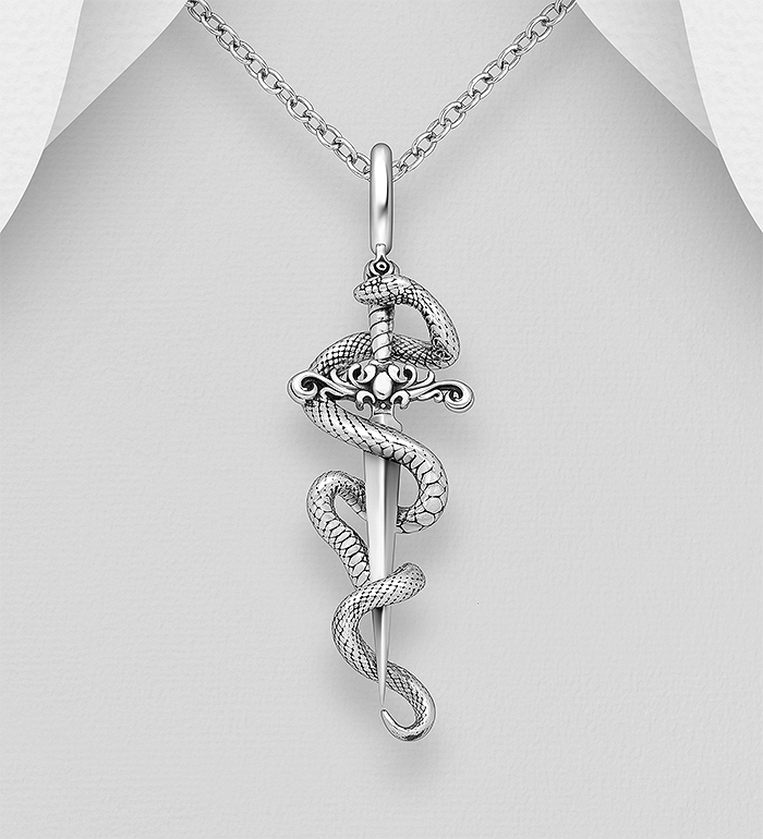 Wholesale 925 Sterling Silver Oxidized Snake and Sword Pendant - SKU #1563-1411