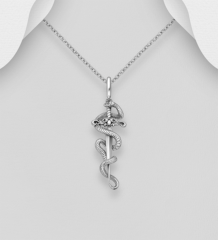 Wholesale 925 Sterling Silver Oxidized Snake and Sword Pendant - SKU #1563-1411