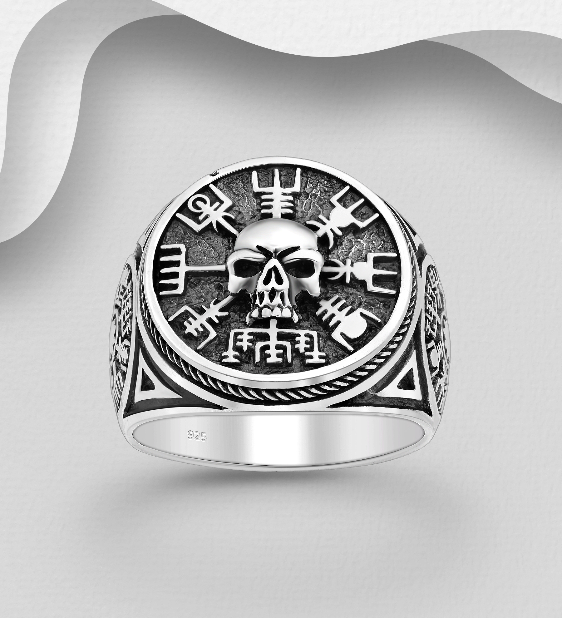 Wholesale 925 Sterling Silver Oxidized Skull and Viking vegvisir amulet Ring - SKU #768-619