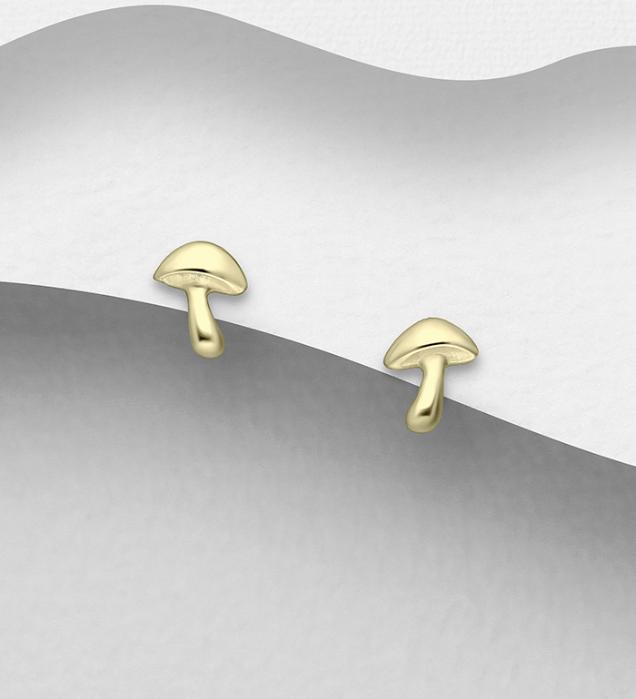 Wholesale 925 Sterling Silver Mushroom Push-Back Earrings and Plated with 0.5 Micron 9K Yellow Gold - SKU #1063-4498A