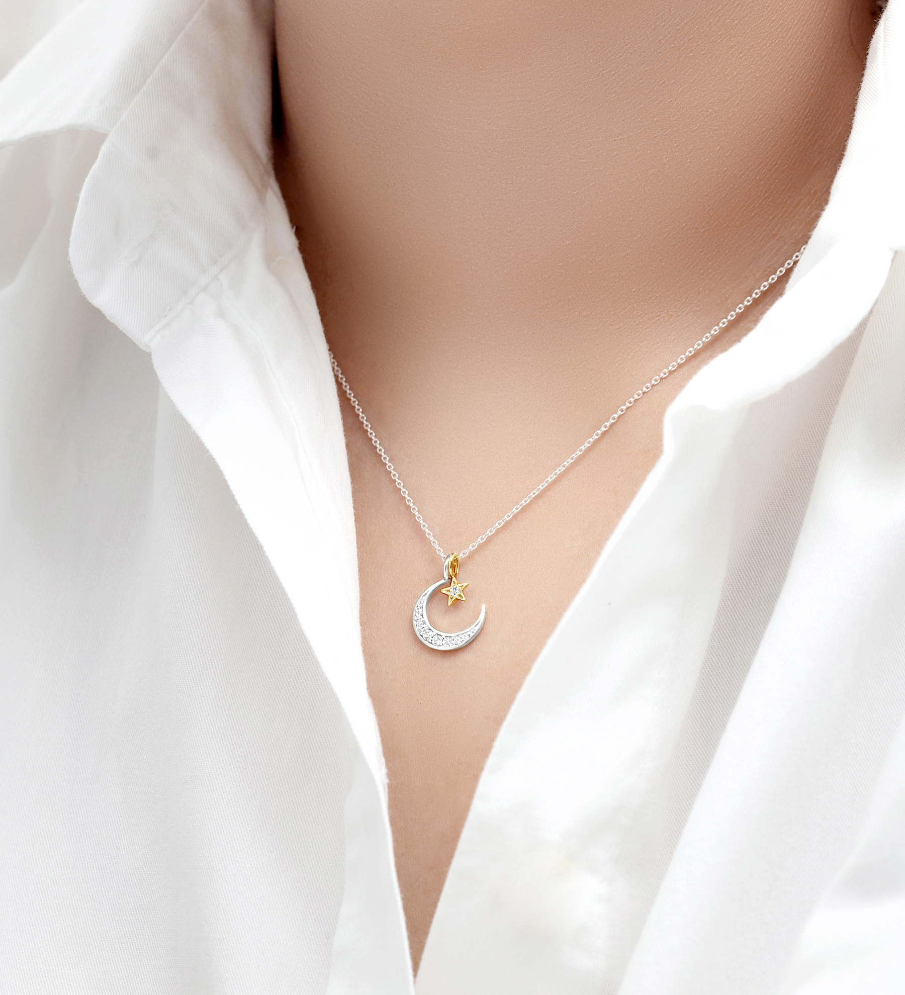 Wholesale 925 Sterling Silver Moon and Star Necklace, Decorated with CZ Simulated Diamonds and Star Plated with 1 Micron 14K Yellow Gold - SKU #1063-4489A