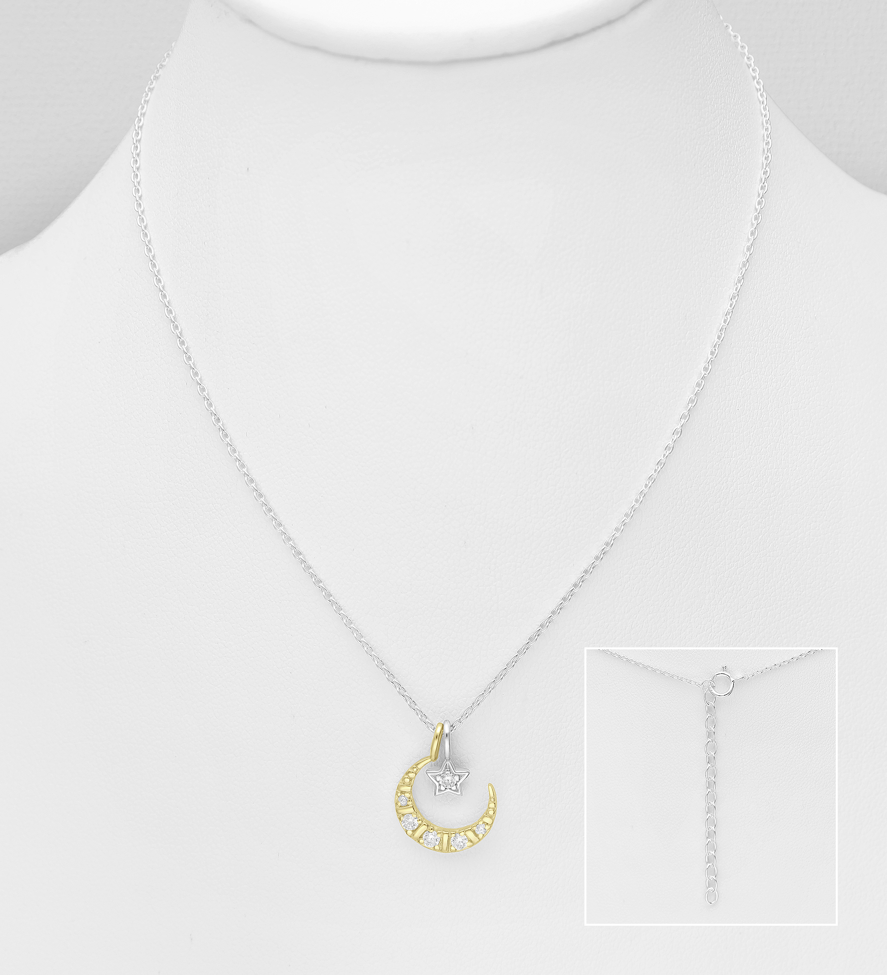 Wholesale 925 Sterling Silver Necklace, Moon and Star Decorated with CZ Simulated Diamonds and Moon Plated with 1 Micron 14K Yellow Gold - SKU #1063-4490A