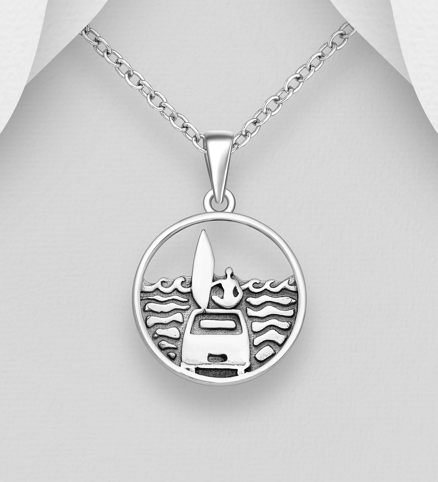 Wholesale 925 Sterling Silver Oxidized Wave, Surfboard and Car Pendant - SKU #706-38054