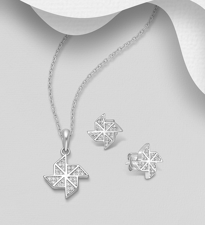 Wholesale 925 Sterling Silver Push-Back Earrings and Pendant Jewelry Set, Decorated with CZ Simulated Diamonds - SKU #848-1603