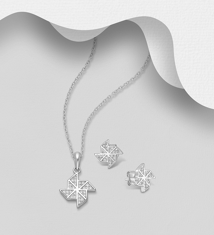 Wholesale 925 Sterling Silver Push-Back Earrings and Pendant Jewelry Set, Decorated with CZ Simulated Diamonds - SKU #848-1603
