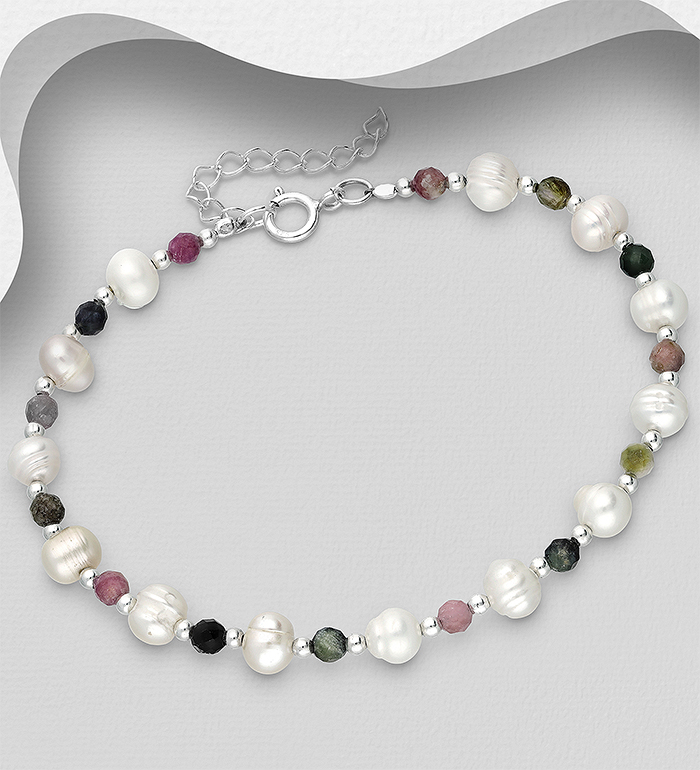 Wholesale 925 Sterling Silver Bracelet, Beaded with Freshwater Pearls and Various Gemstone Beads - SKU #382-6474