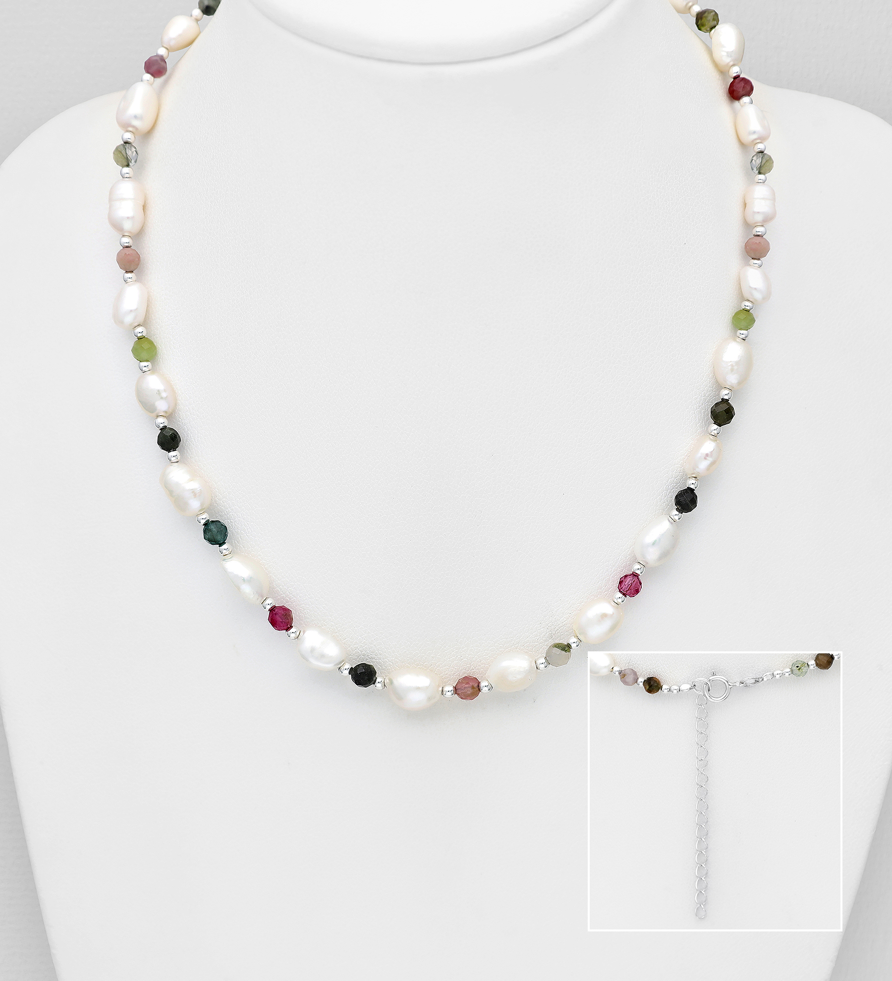 Wholesale 925 Sterling Silver Necklace, Beaded with Freshwater Pearls and Various Gemstone Beads - SKU #382-6475