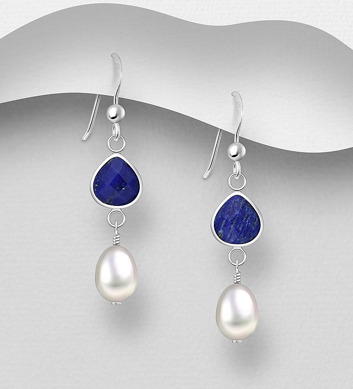 Wholesale 925 Sterling Silver Hook Earrings, Decorated with Freshwater Pearls and Various Gemstone Beads - SKU #382-6476
