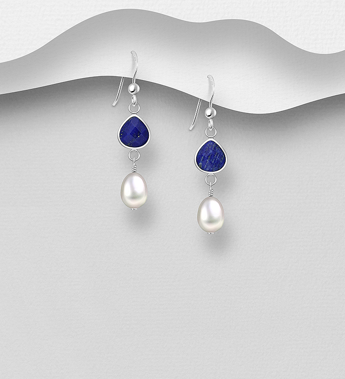 Wholesale 925 Sterling Silver Hook Earrings, Decorated with Freshwater Pearls and Various Gemstone Beads - SKU #382-6476
