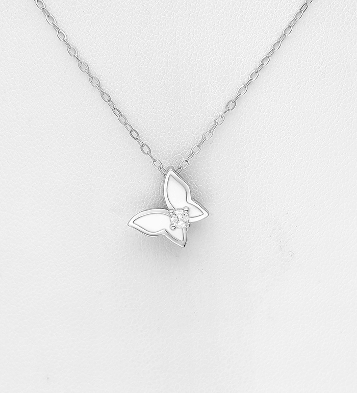 Wholesale 925 Sterling Silver Butterfly Necklace, Decorated with Colored Enamel and CZ Simulated Diamond - SKU #701-29578