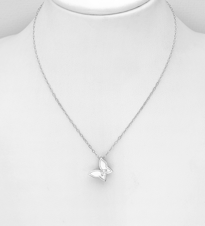 Wholesale 925 Sterling Silver Butterfly Necklace, Decorated with Colored Enamel and CZ Simulated Diamond - SKU #701-29578