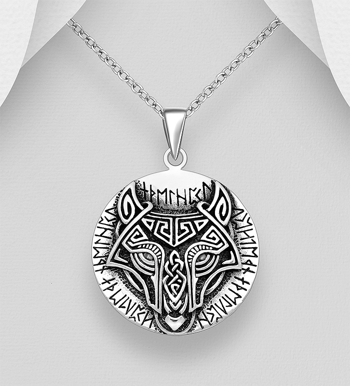 Wholesale 925 Sterling Silver Oxidized Wolf and Viking Rune Pendant - SKU #1563-1441