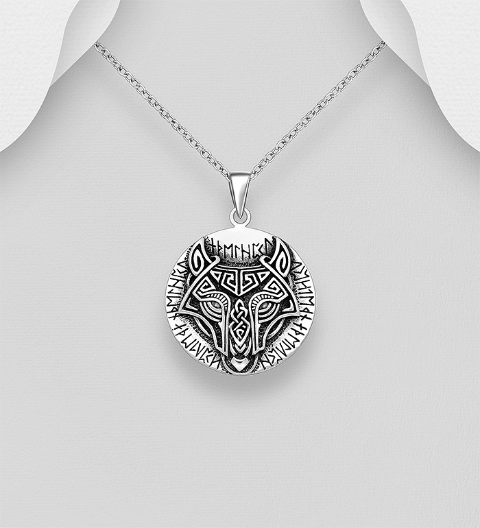 Wholesale 925 Sterling Silver Oxidized Wolf and Viking Rune Pendant - SKU #1563-1441